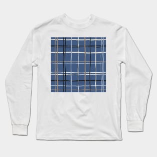 Timeless Tattersall Grid whith brown, beige and black stripes over dark blue Long Sleeve T-Shirt